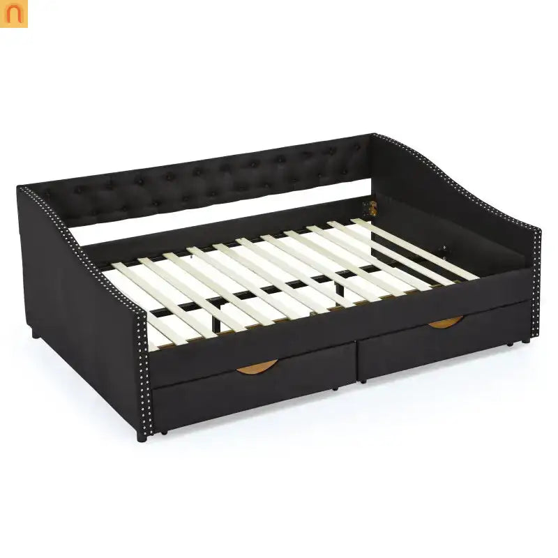 Chaise Lounge Daybed Linen Black Full Button Tufted Drawers 500 lb