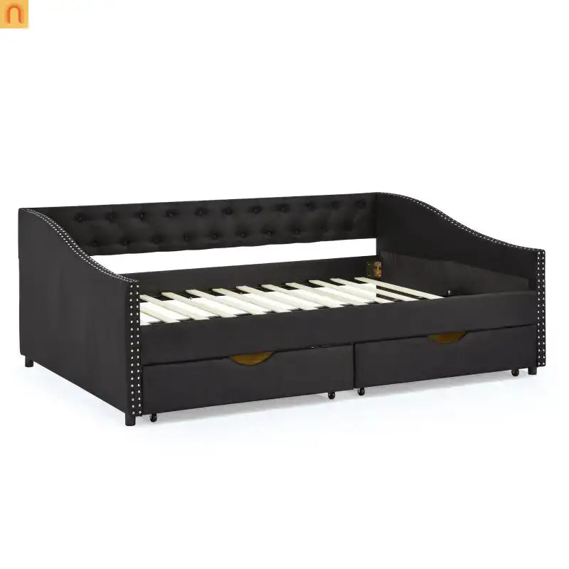 Chaise Lounge Daybed Linen Black Full Button Tufted Drawers 500 lb