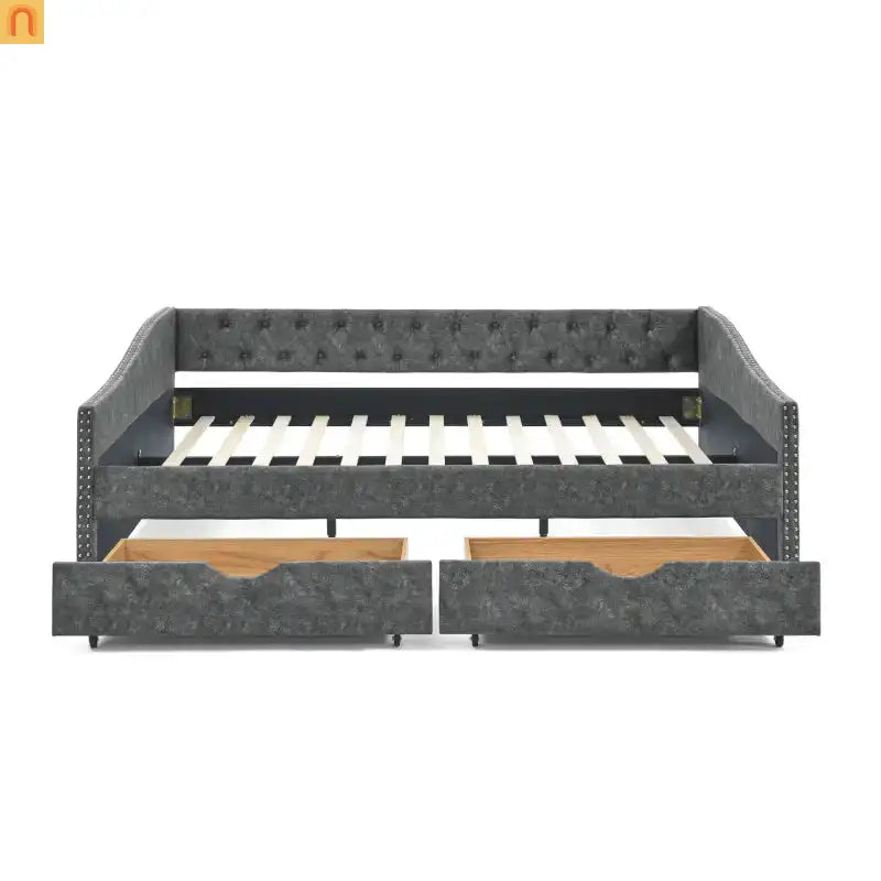 Bed Frame Daybed Linen Gray Queen Tufted Storage Drawers 500 lb