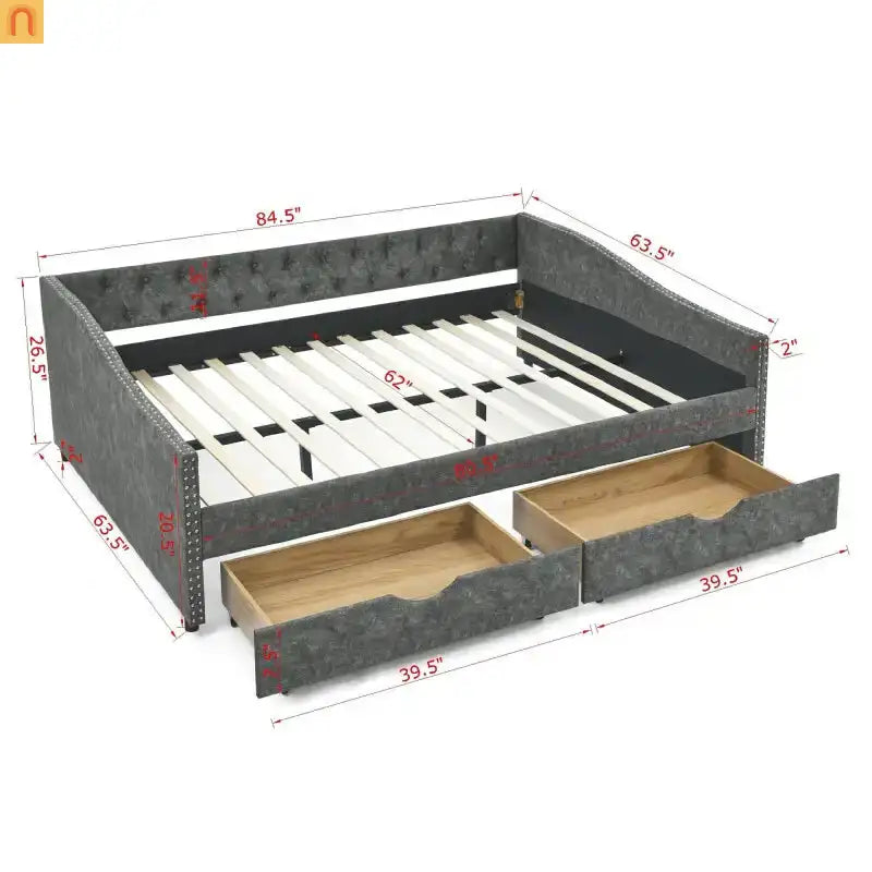 Bed Frame Daybed Linen Gray Queen Tufted Storage Drawers 500 lb