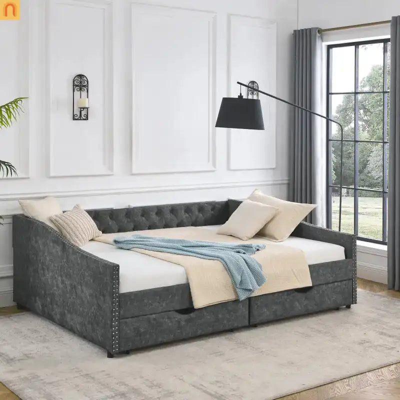 Bed Frame Daybed Linen Gray Queen Tufted Storage Drawers 500 lb