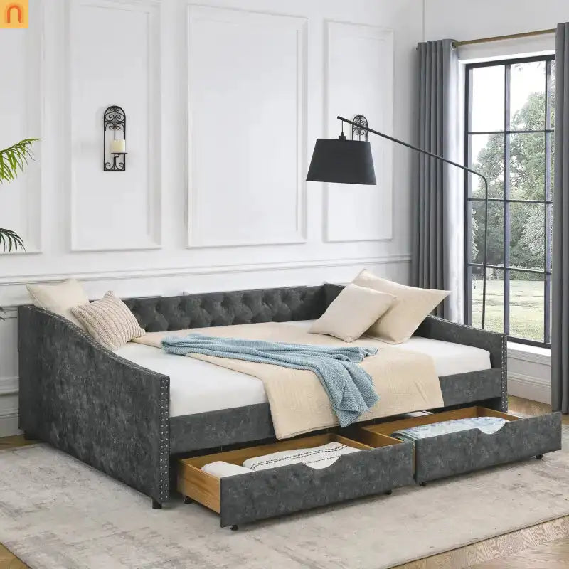 Bed Frame Daybed Linen Gray Queen Tufted Storage Drawers 500 lb