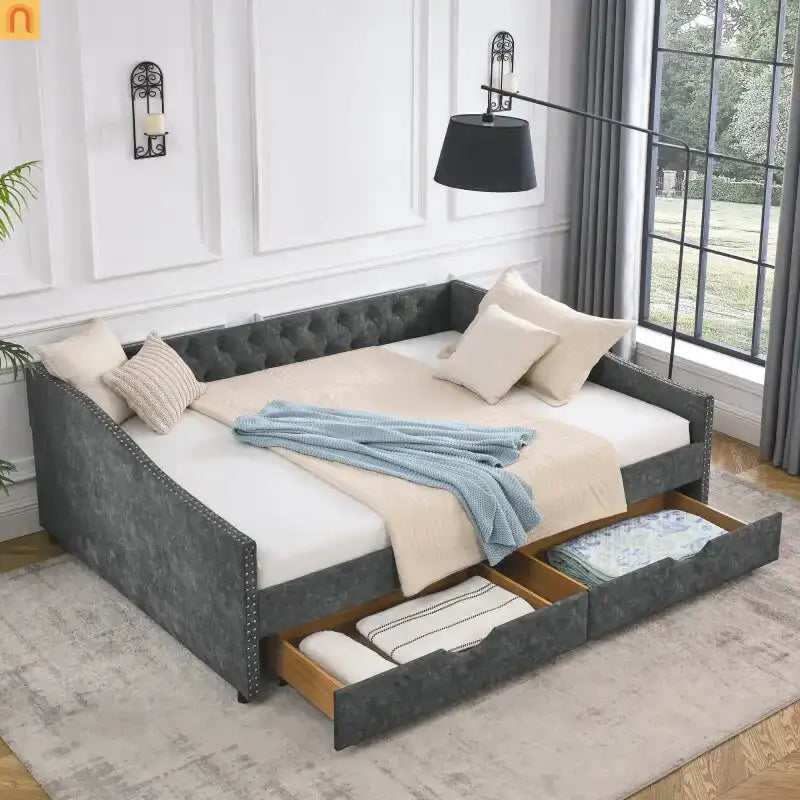Bed Frame Daybed Linen Gray Queen Tufted Storage Drawers 500 lb