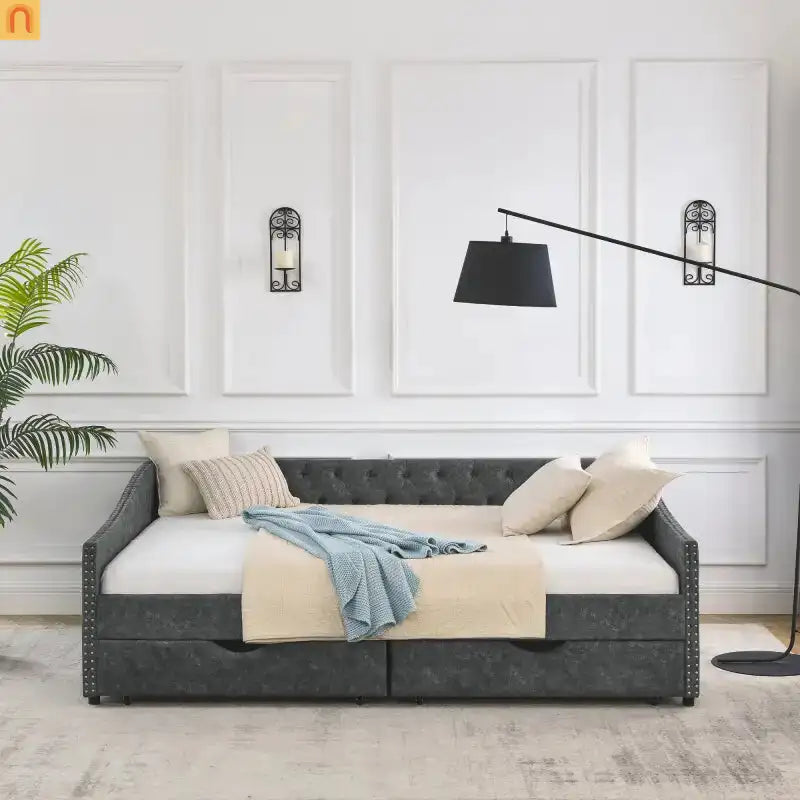 Bed Frame Daybed Linen Gray Queen Tufted Storage Drawers 500 lb