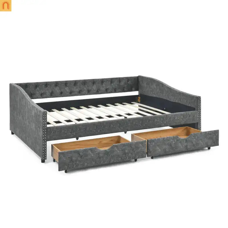 Bed Frame Daybed Linen Gray Queen Tufted Storage Drawers 500 lb