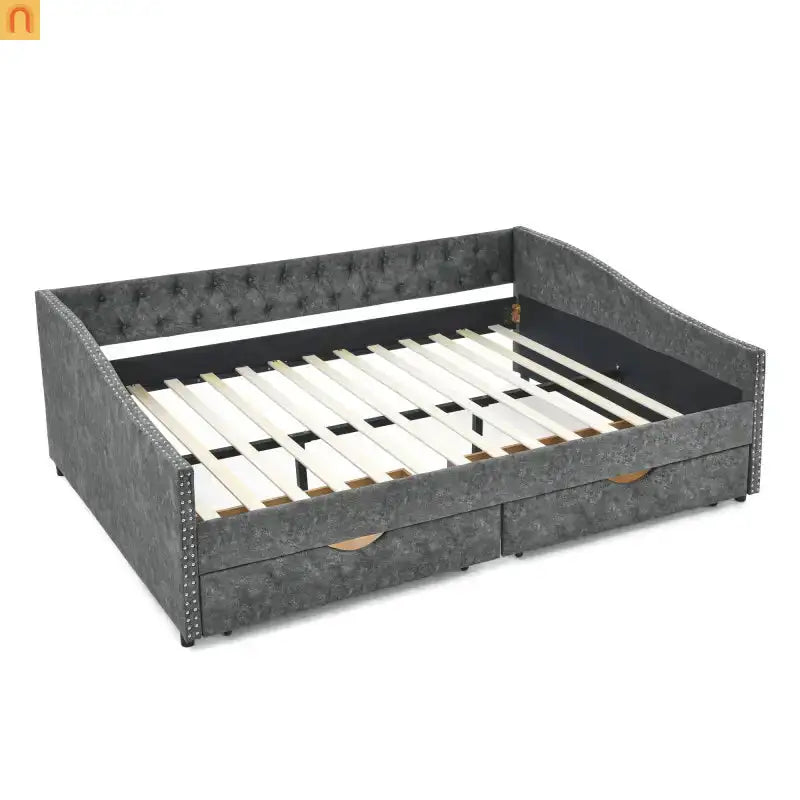 Bed Frame Daybed Linen Gray Queen Tufted Storage Drawers 500 lb
