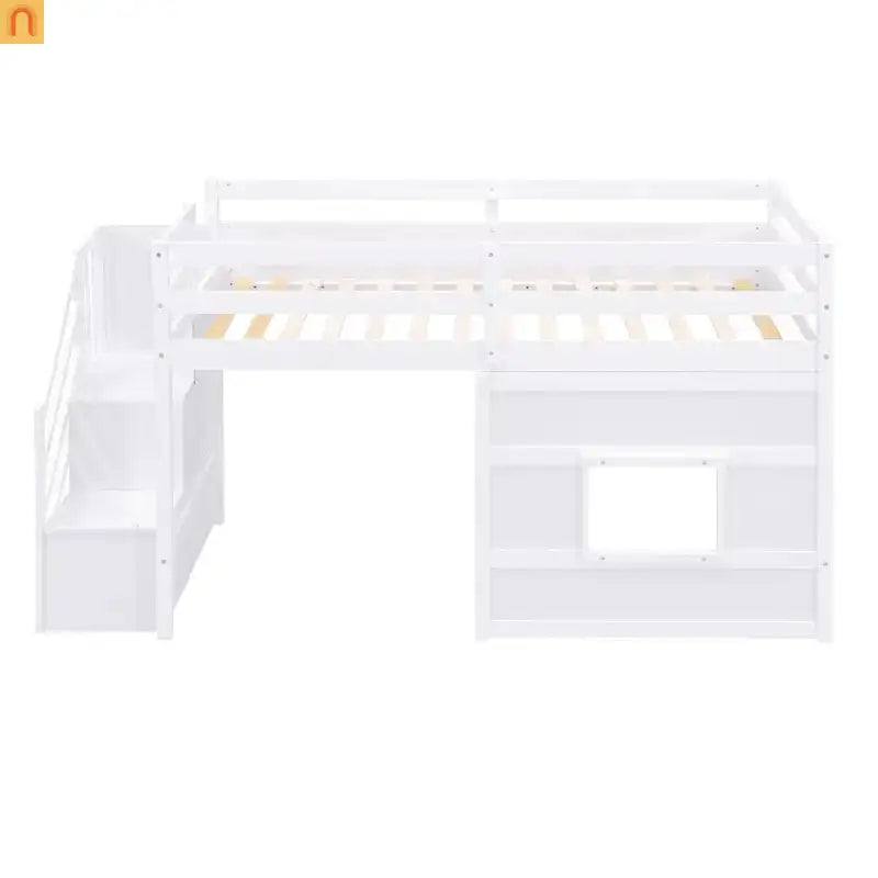 Bed Frame Loft Twin Pine White Storage Staircase LED Window