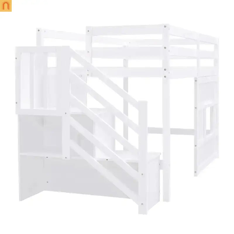 Bed Frame Loft Twin Pine White Storage Staircase LED Window