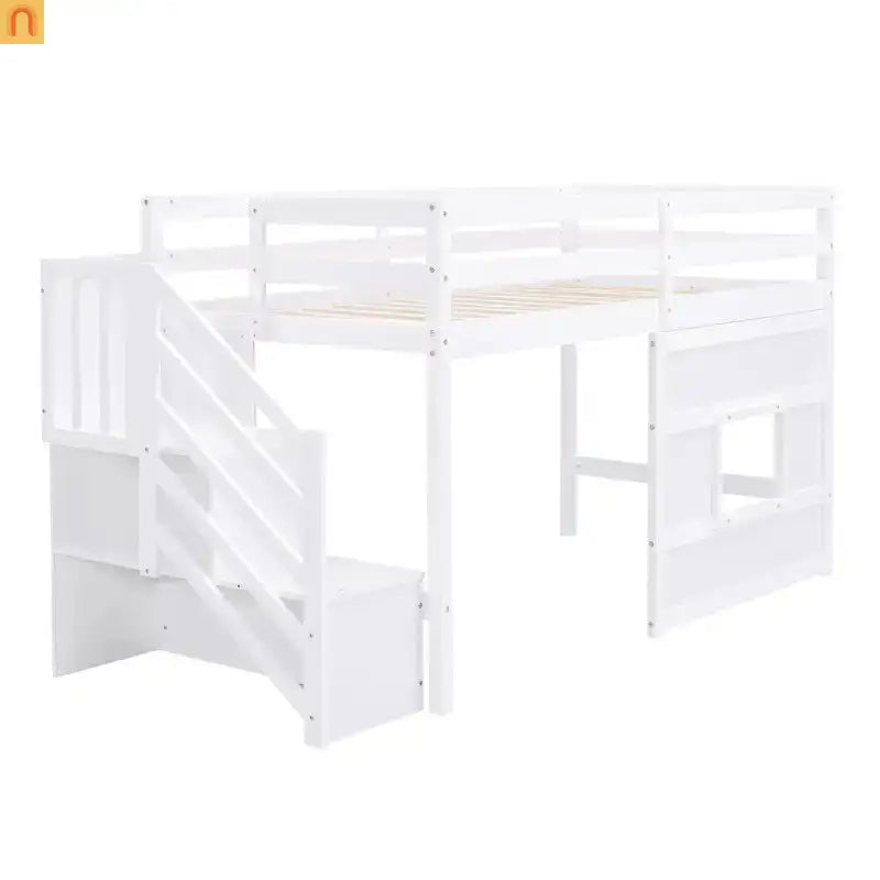 Bed Frame Loft Twin Pine White Storage Staircase LED Window