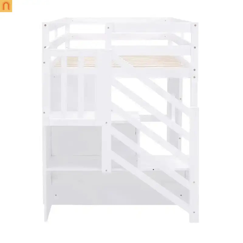 Bed Frame Loft Twin Pine White Storage Staircase LED Window