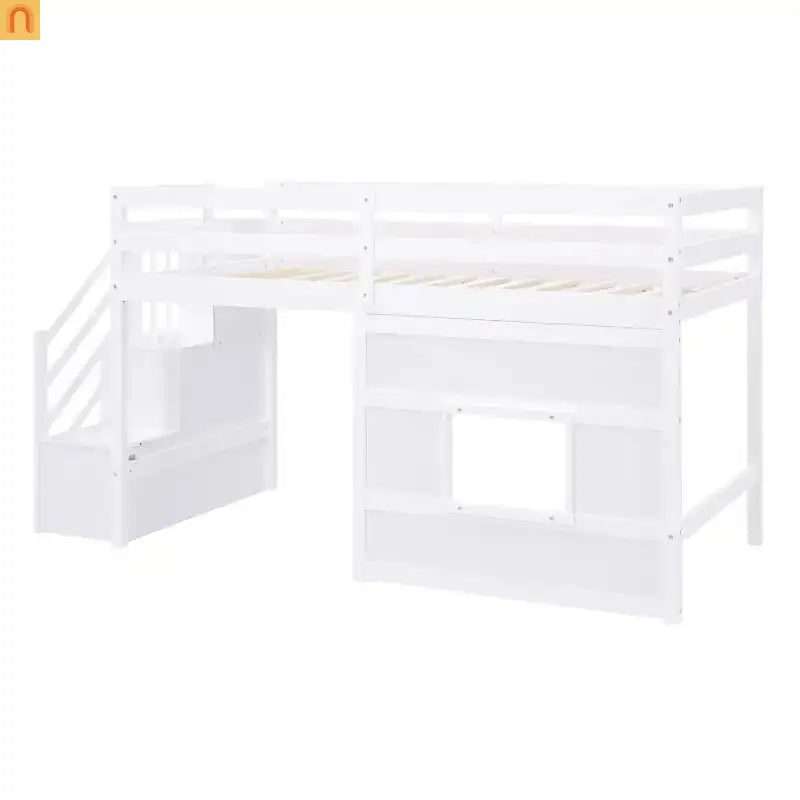 Bed Frame Loft Twin Pine White Storage Staircase LED Window
