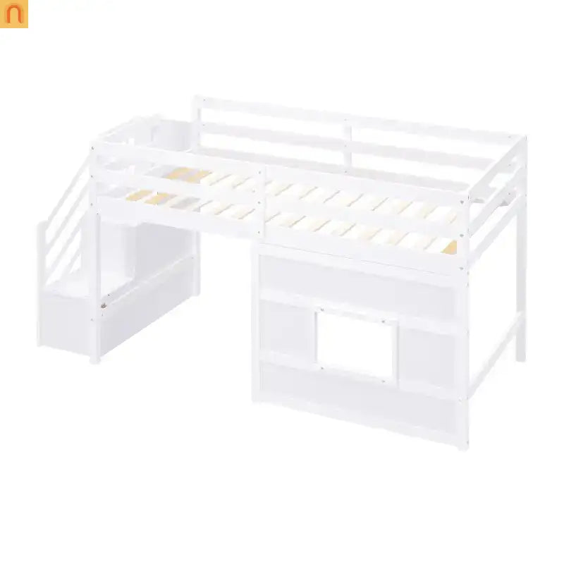 Bed Frame Loft Twin Pine White Storage Staircase LED Window