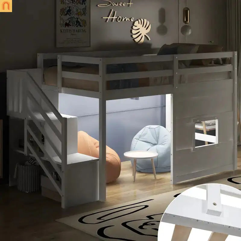 Bed Frame Loft Twin Pine White Storage Staircase LED Window