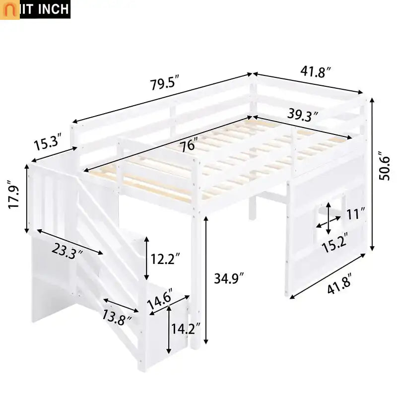 Bed Frame Loft Twin Pine White Storage Staircase LED Window