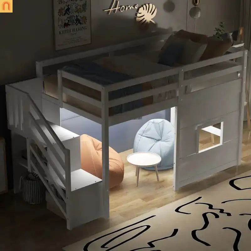 Bed Frame Loft Twin Pine White Storage Staircase LED Window