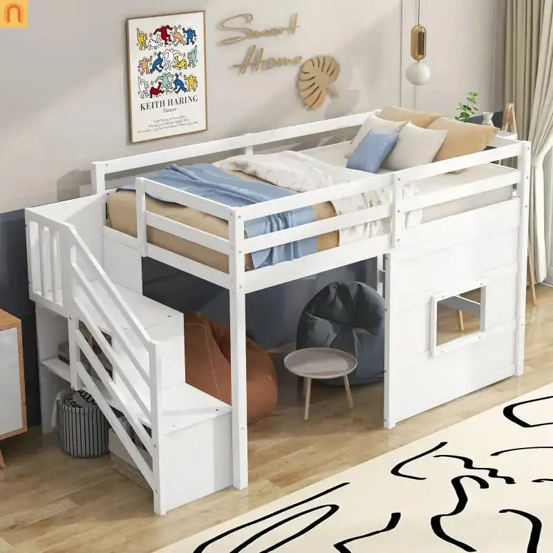 Bed Frame Loft Twin Pine White Storage Staircase LED Window