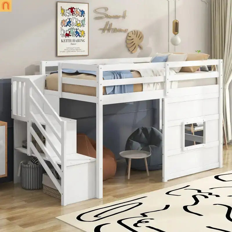 Bed Frame Loft Twin Pine White Storage Staircase LED Window