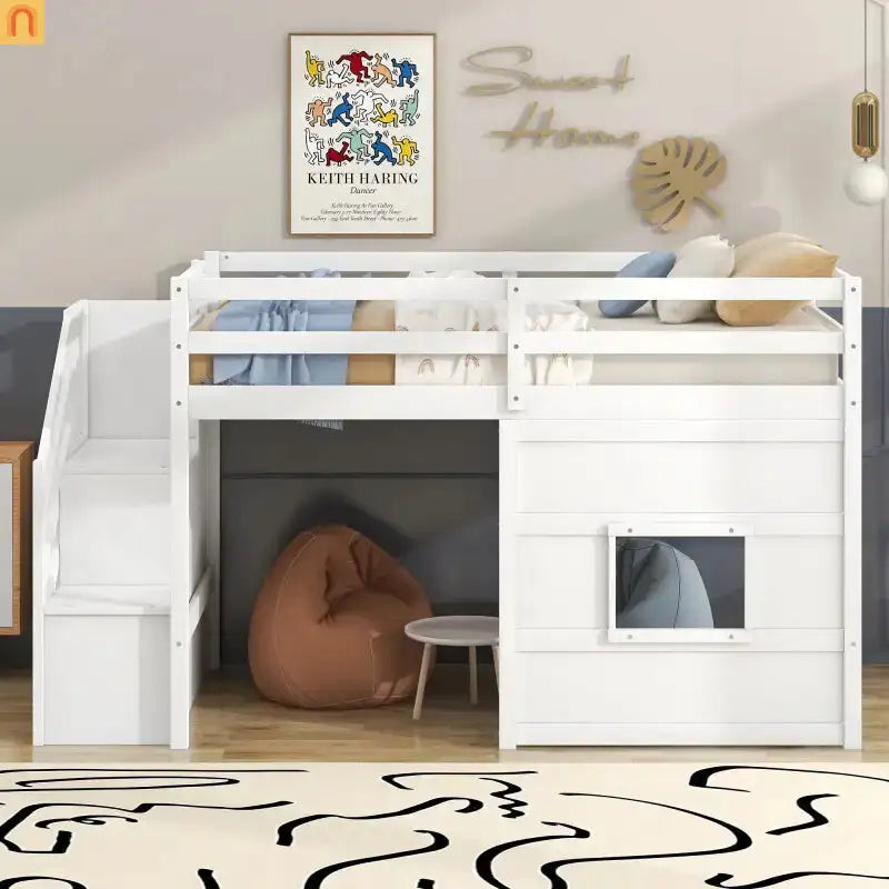 Bed Frame Loft Twin Pine White Storage Staircase LED Window