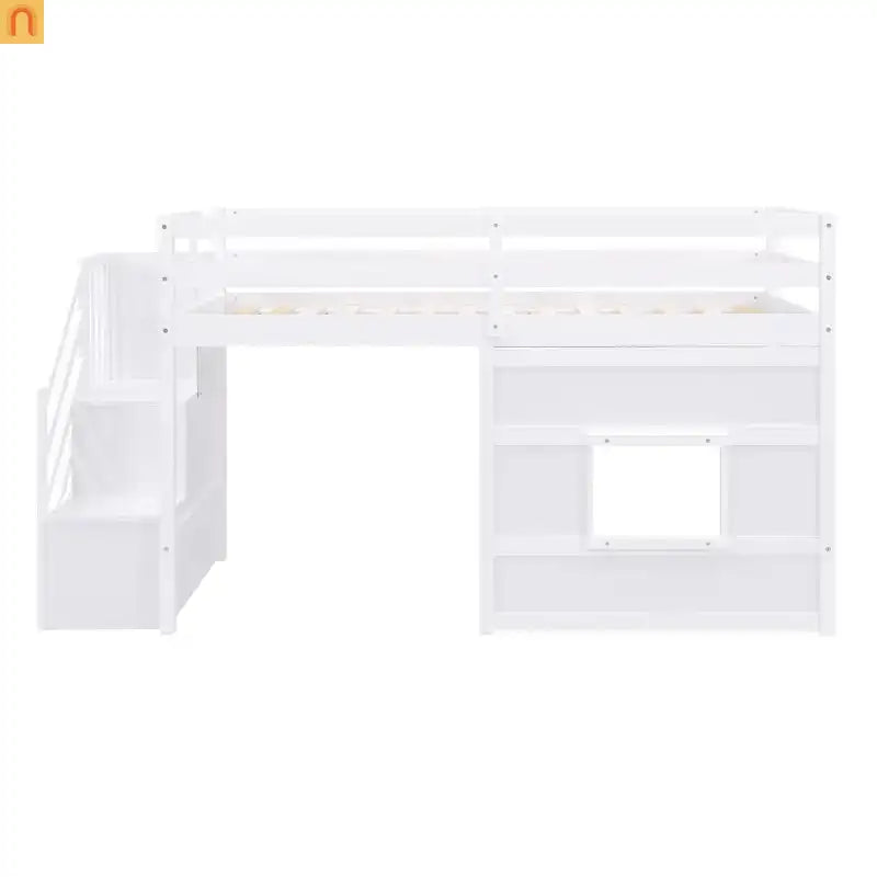 Bed Frame Loft Twin Pine White Storage Staircase LED Window
