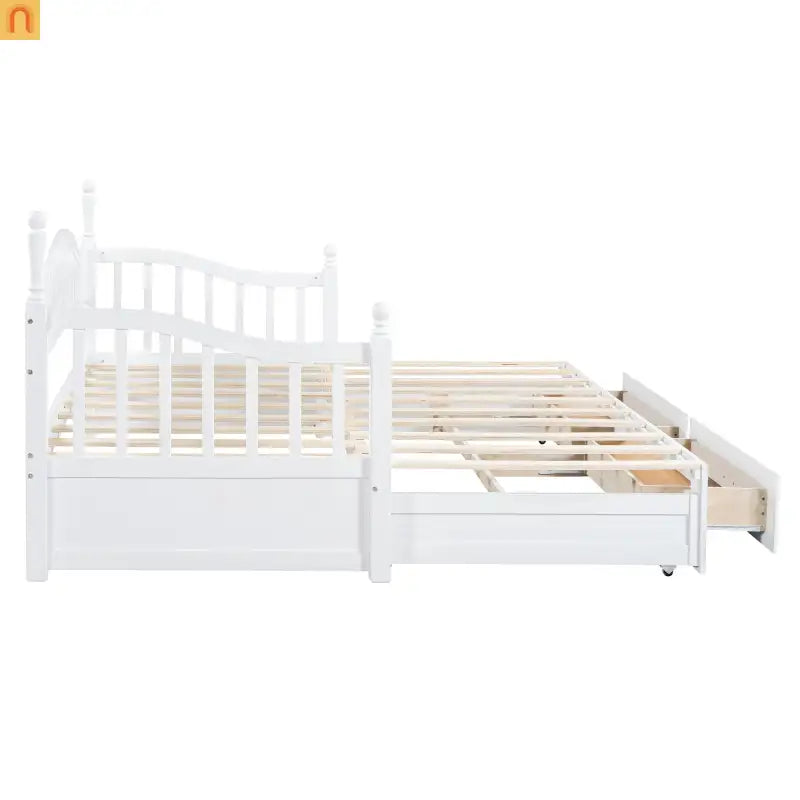 Bed Frame Daybed Wood White Twin Roll-Out Trundle Storage Drawers