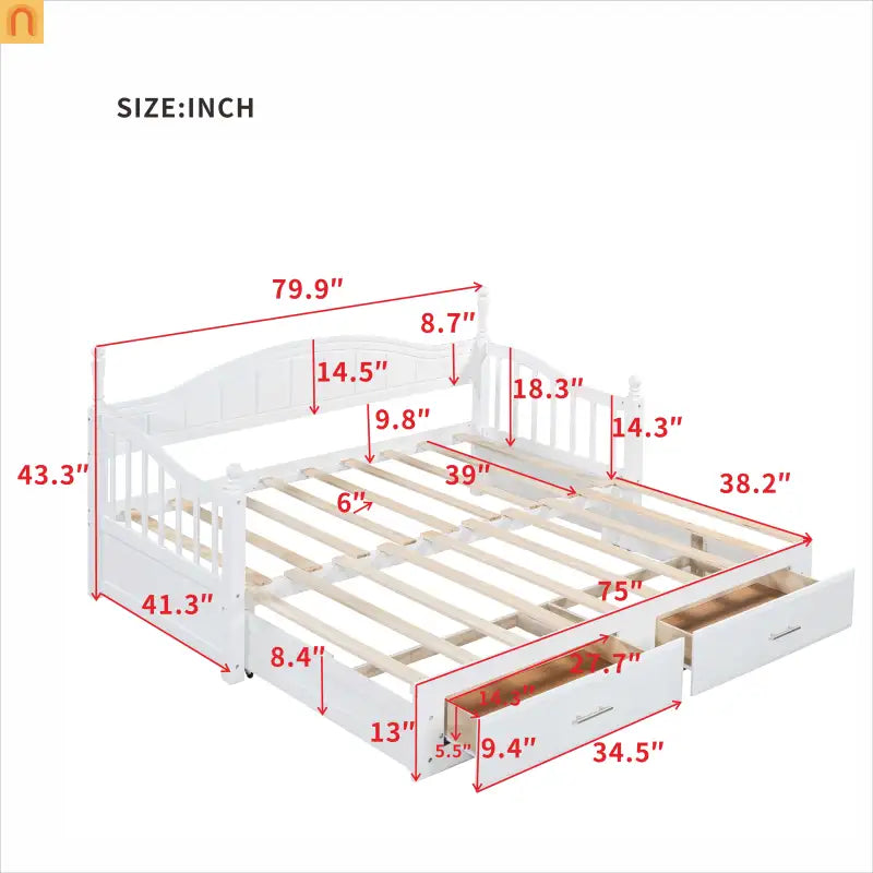 Bed Frame Daybed Wood White Twin Roll-Out Trundle Storage Drawers
