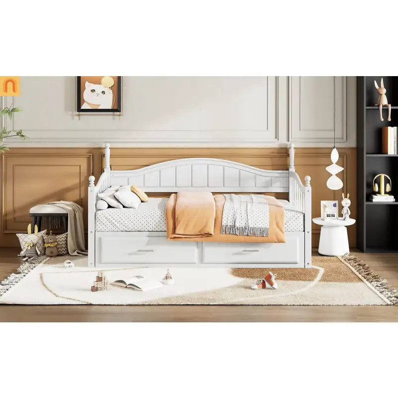 Bed Frame Daybed Wood White Twin Roll-Out Trundle Storage Drawers