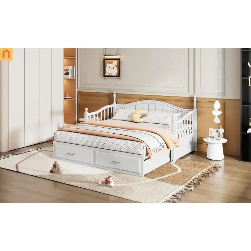 Bed Frame Daybed Wood White Twin Roll-Out Trundle Storage Drawers
