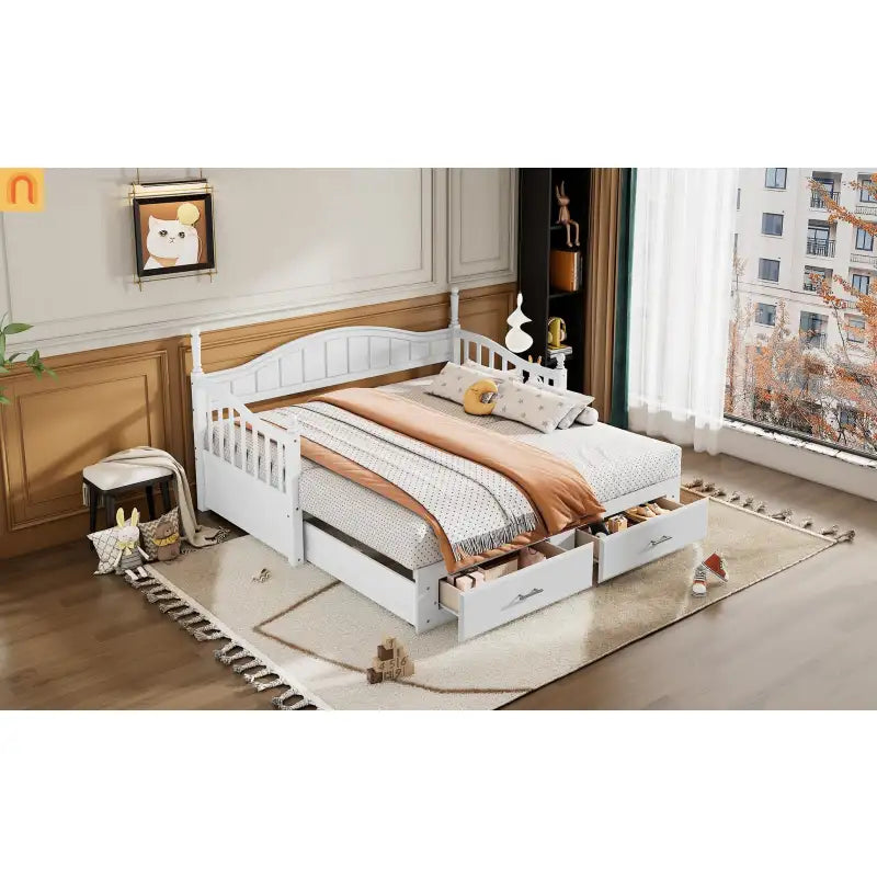Bed Frame Daybed Wood White Twin Roll-Out Trundle Storage Drawers