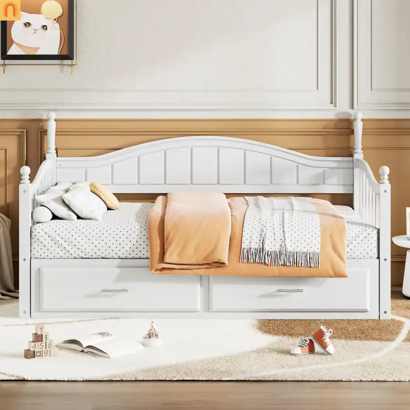 Bed Frame Daybed Wood White Twin Roll-Out Trundle Storage Drawers