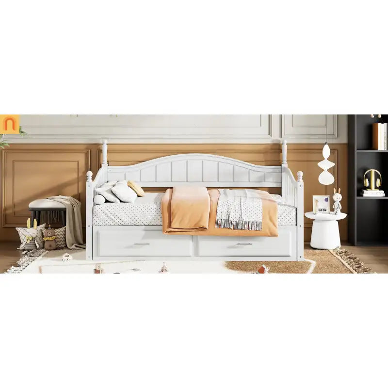 Bed Frame Daybed Wood White Twin Roll-Out Trundle Storage Drawers