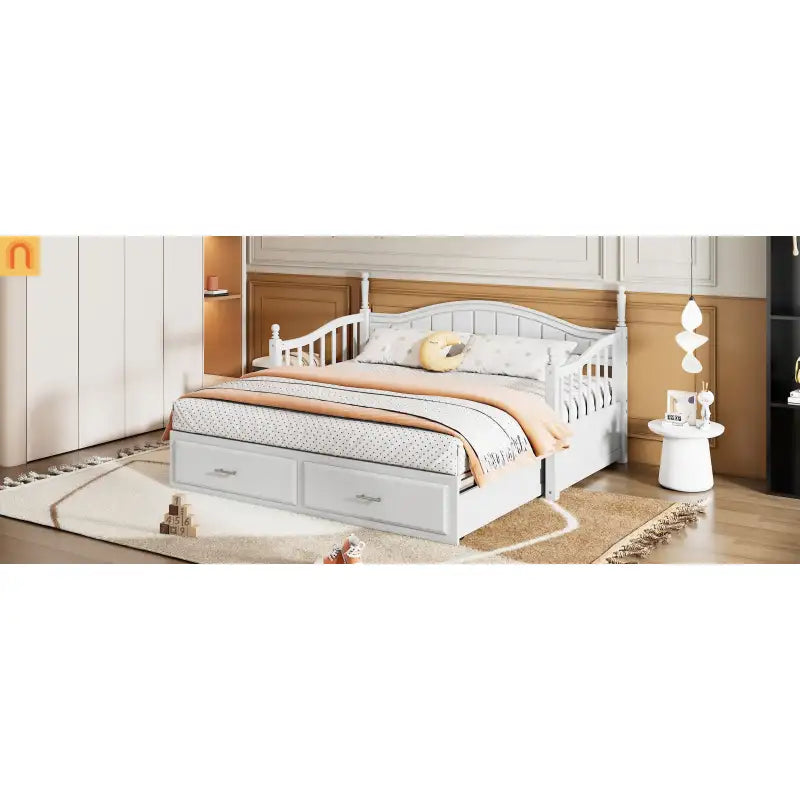 Bed Frame Daybed Wood White Twin Roll-Out Trundle Storage Drawers