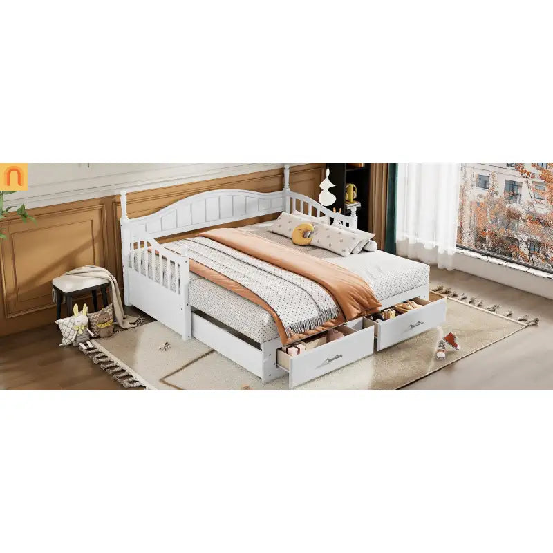 Bed Frame Daybed Wood White Twin Roll-Out Trundle Storage Drawers