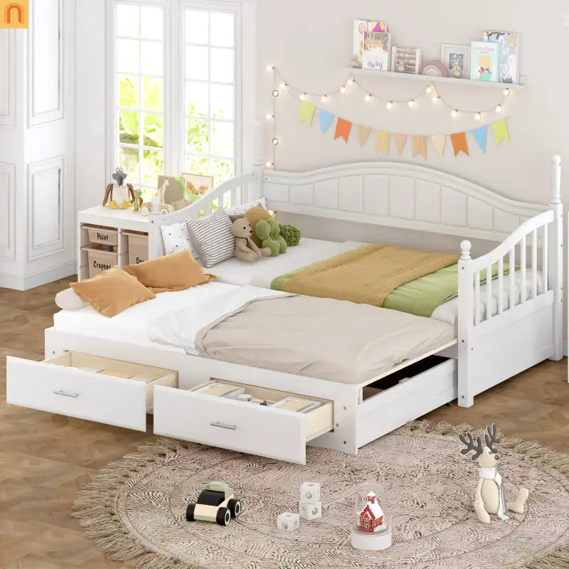 Bed Frame Daybed Wood White Twin Roll-Out Trundle Storage Drawers