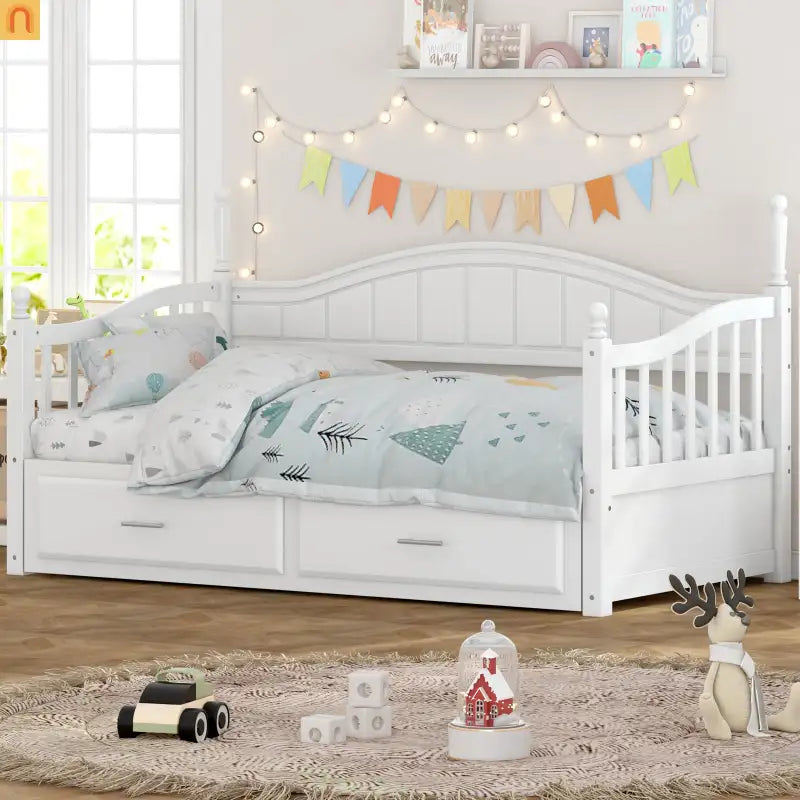Bed Frame Daybed Wood White Twin Roll-Out Trundle Storage Drawers