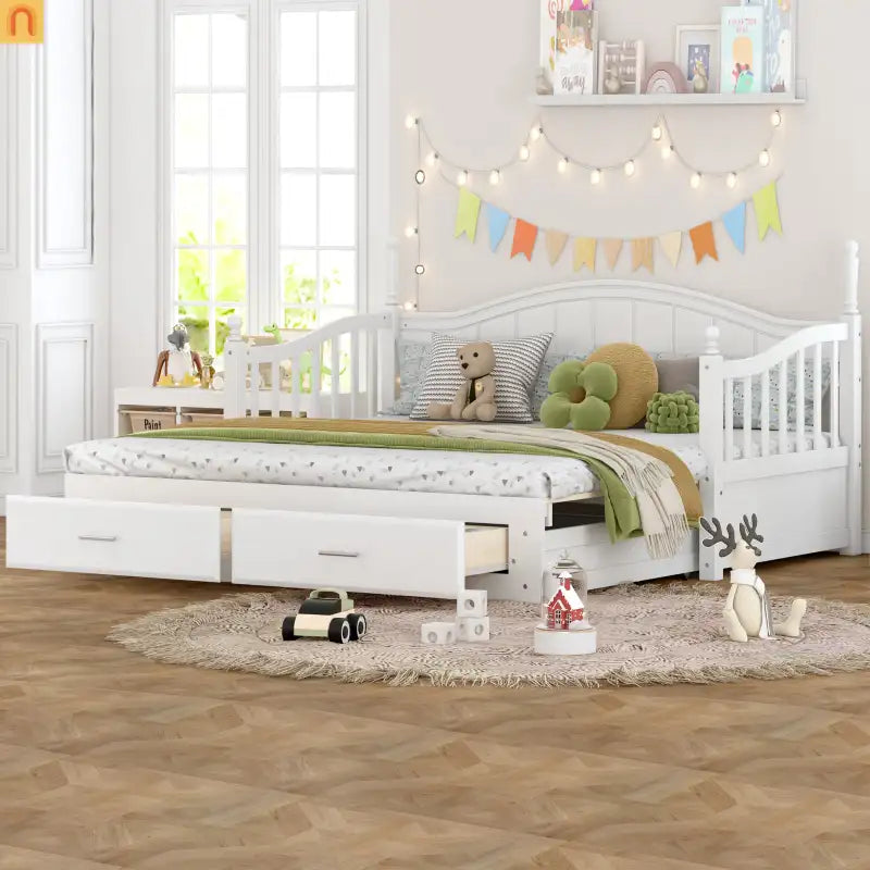 Bed Frame Daybed Wood White Twin Roll-Out Trundle Storage Drawers