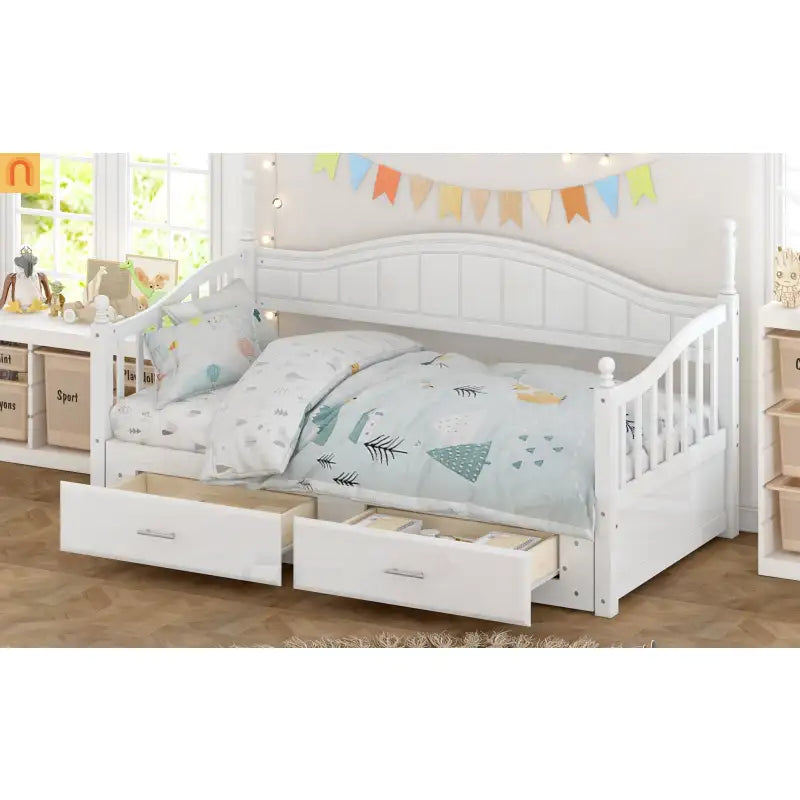 Bed Frame Daybed Wood White Twin Roll-Out Trundle Storage Drawers