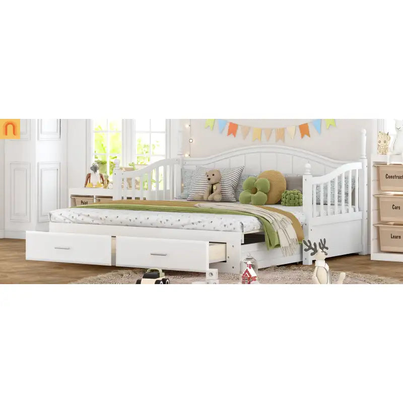 Bed Frame Daybed Wood White Twin Roll-Out Trundle Storage Drawers