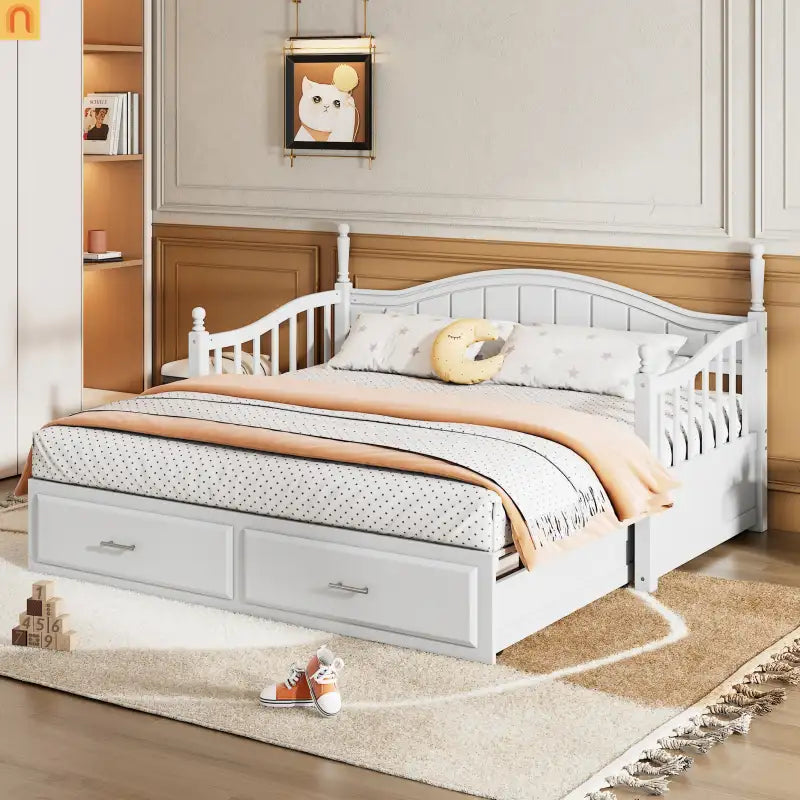 Bed Frame Daybed Wood White Twin Roll-Out Trundle Storage Drawers
