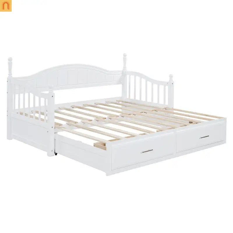 Bed Frame Daybed Wood White Twin Roll-Out Trundle Storage Drawers