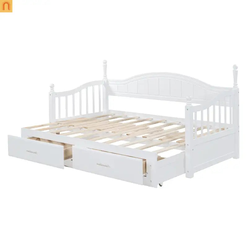 Bed Frame Daybed Wood White Twin Roll-Out Trundle Storage Drawers
