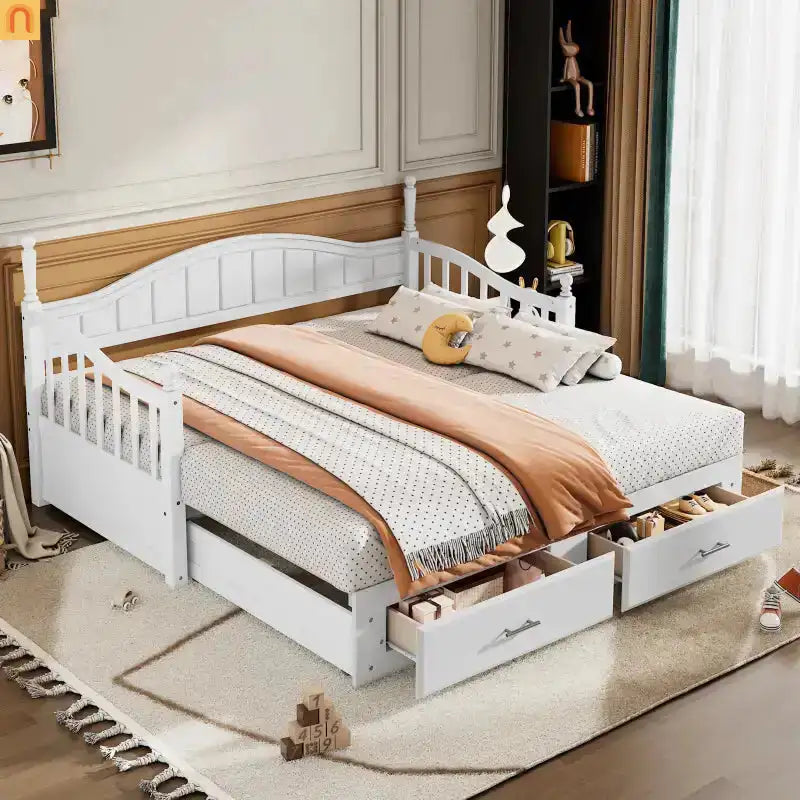 Bed Frame Daybed Wood White Twin Roll-Out Trundle Storage Drawers