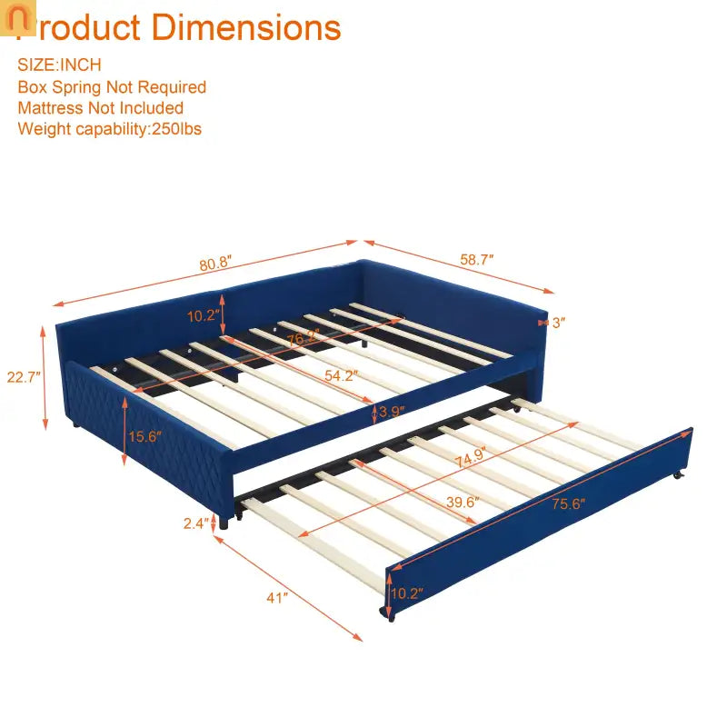 Bed Frame Daybed Velvet Navy Diamond Grid Pull-Out Trundle Full