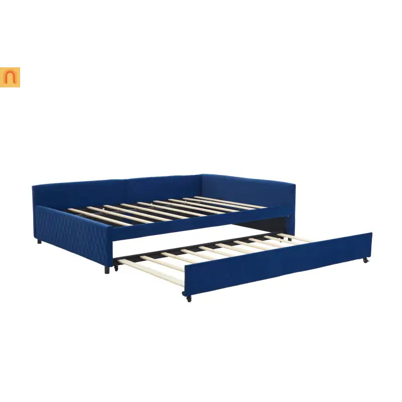 Bed Frame Daybed Velvet Navy Diamond Grid Pull-Out Trundle Full