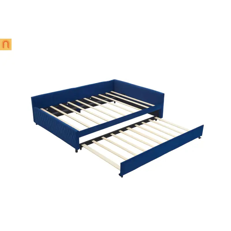 Bed Frame Daybed Velvet Navy Diamond Grid Pull-Out Trundle Full