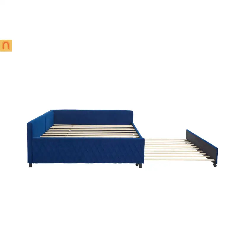 Bed Frame Daybed Velvet Navy Diamond Grid Pull-Out Trundle Full