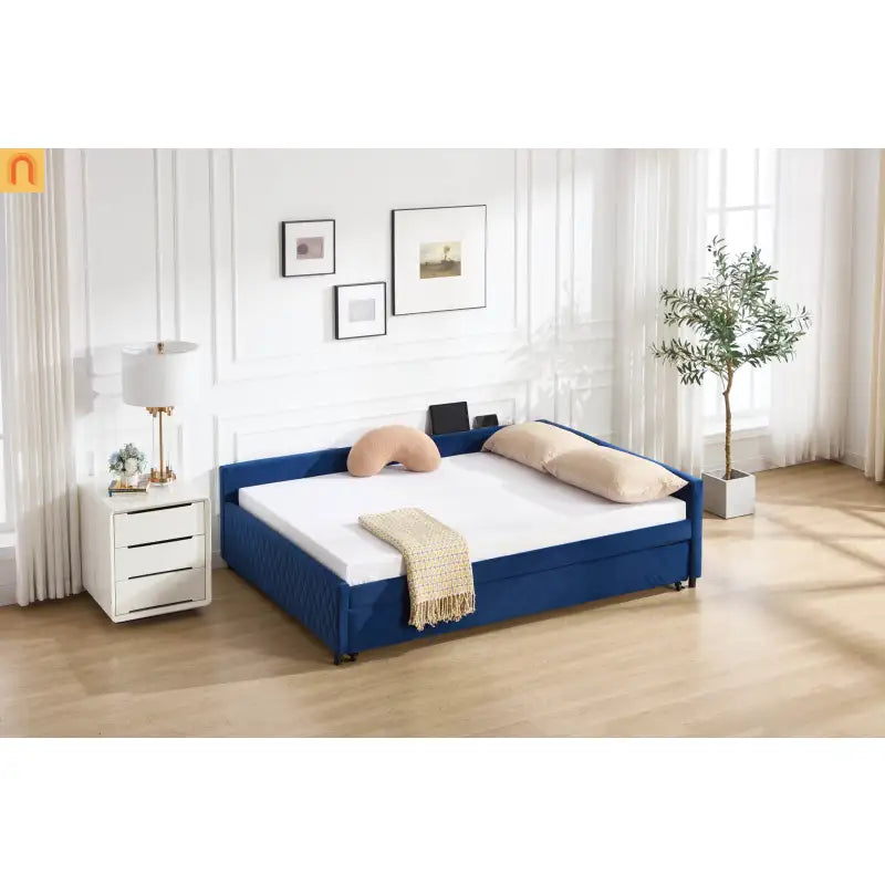 Bed Frame Daybed Velvet Navy Diamond Grid Pull-Out Trundle Full