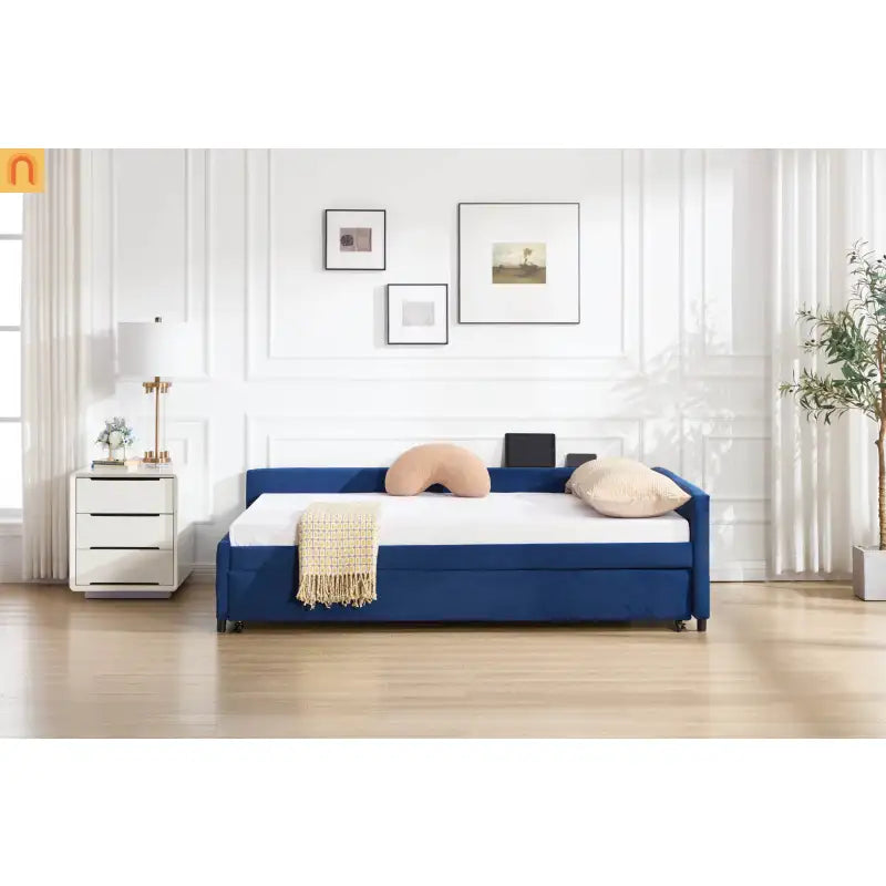 Bed Frame Daybed Velvet Navy Diamond Grid Pull-Out Trundle Full