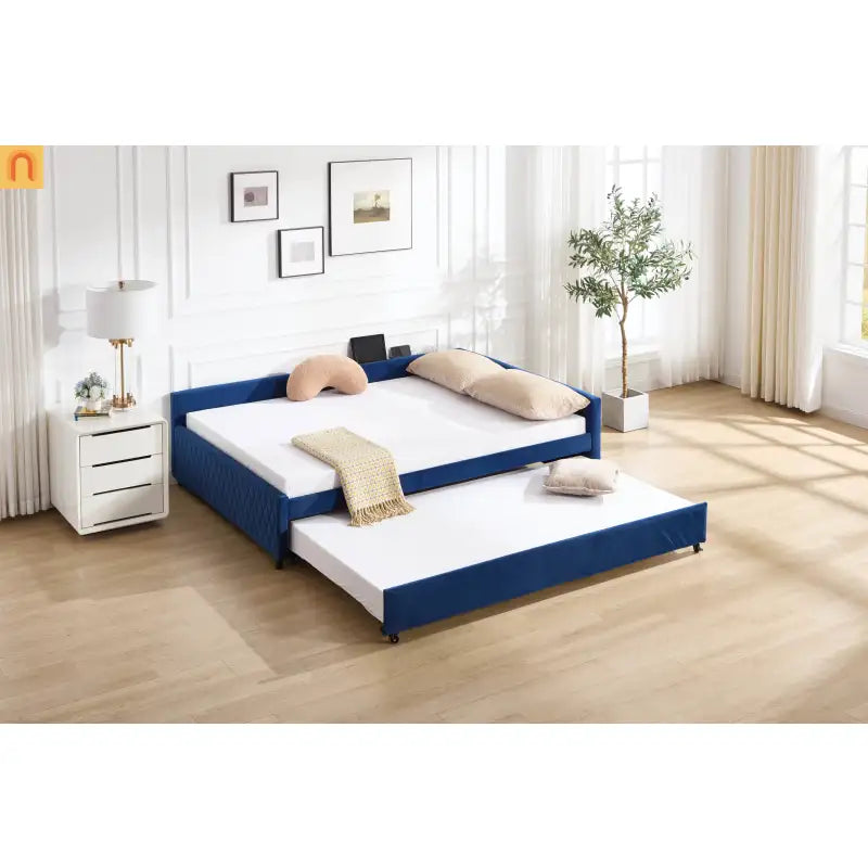 Bed Frame Daybed Velvet Navy Diamond Grid Pull-Out Trundle Full