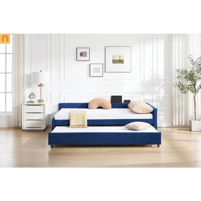 Bed Frame Daybed Velvet Navy Diamond Grid Pull-Out Trundle Full