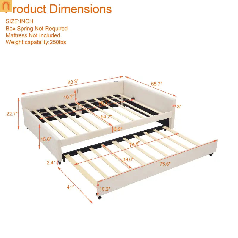 Bed Frame Daybed Velvet Beige Diamond Grid Pull-Out Trundle Full